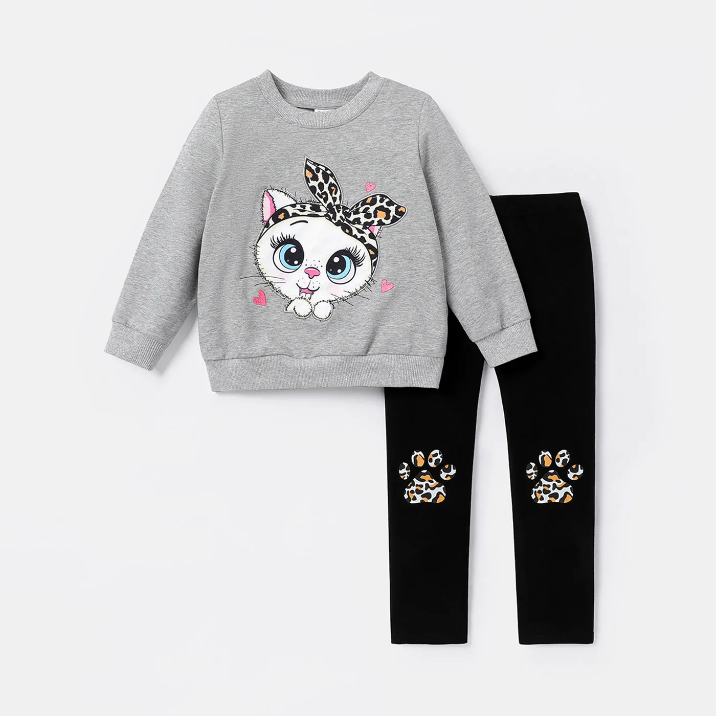 2pcs Toddler Girl Cat Print Sweatshirt and Paw Print Leggings Set
