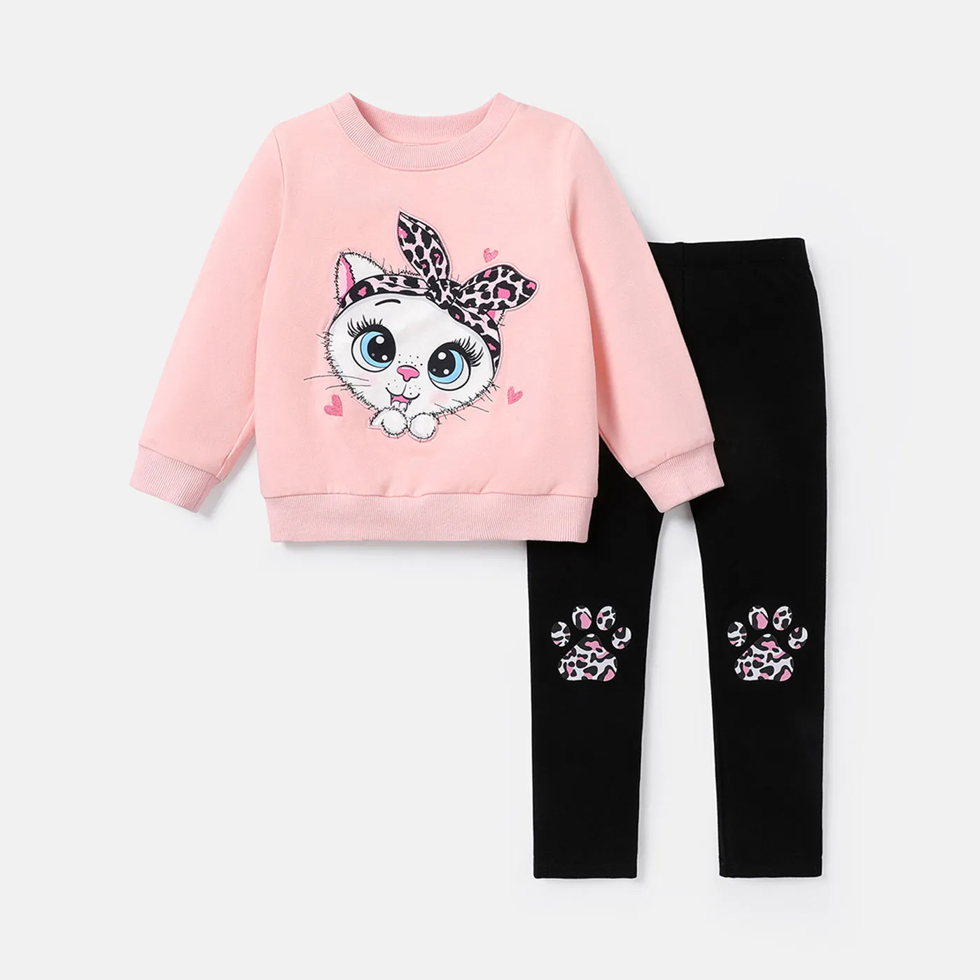 2pcs Toddler Girl Cat Print Sweatshirt and Paw Print Leggings Set