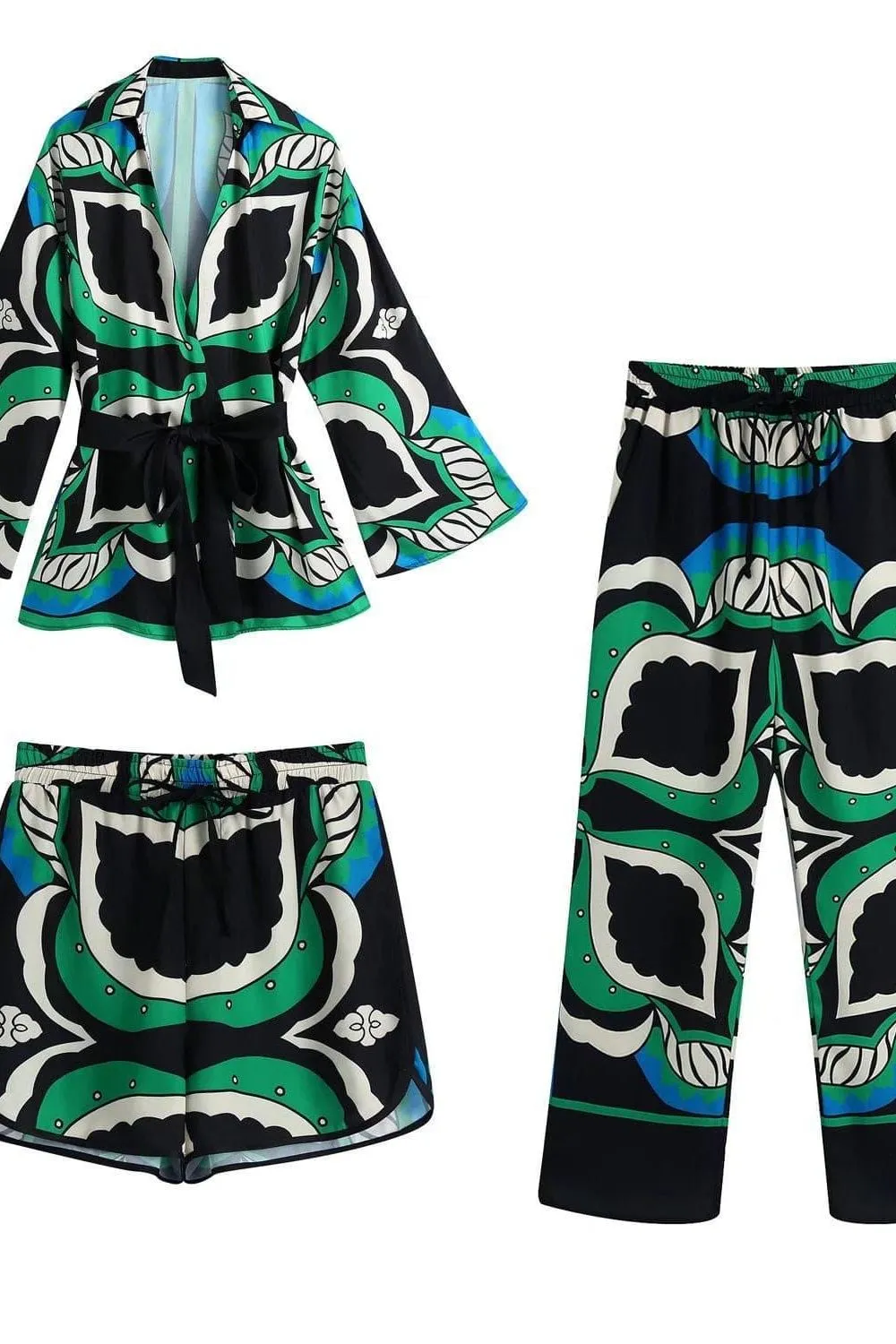 Bermuda print three-piece long-sleeved shirt loose suit