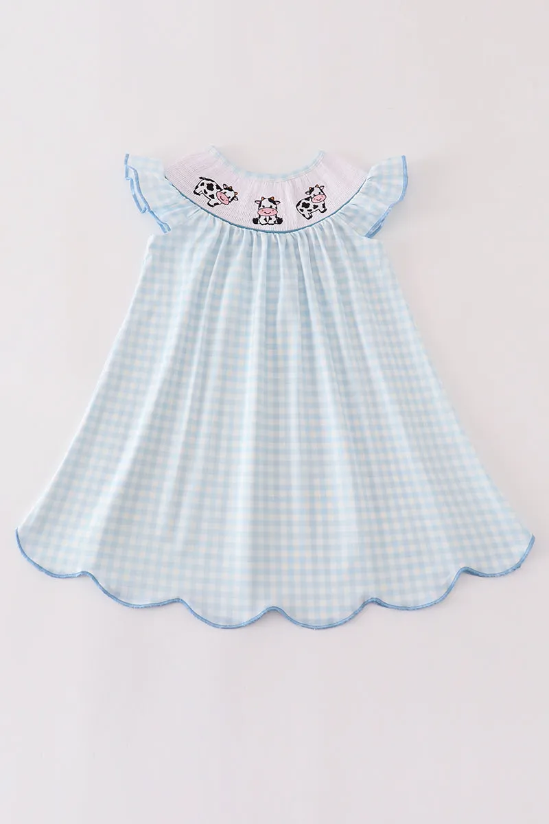 Blue cow embroidery smocked girl dress