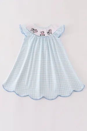 Blue cow embroidery smocked girl dress