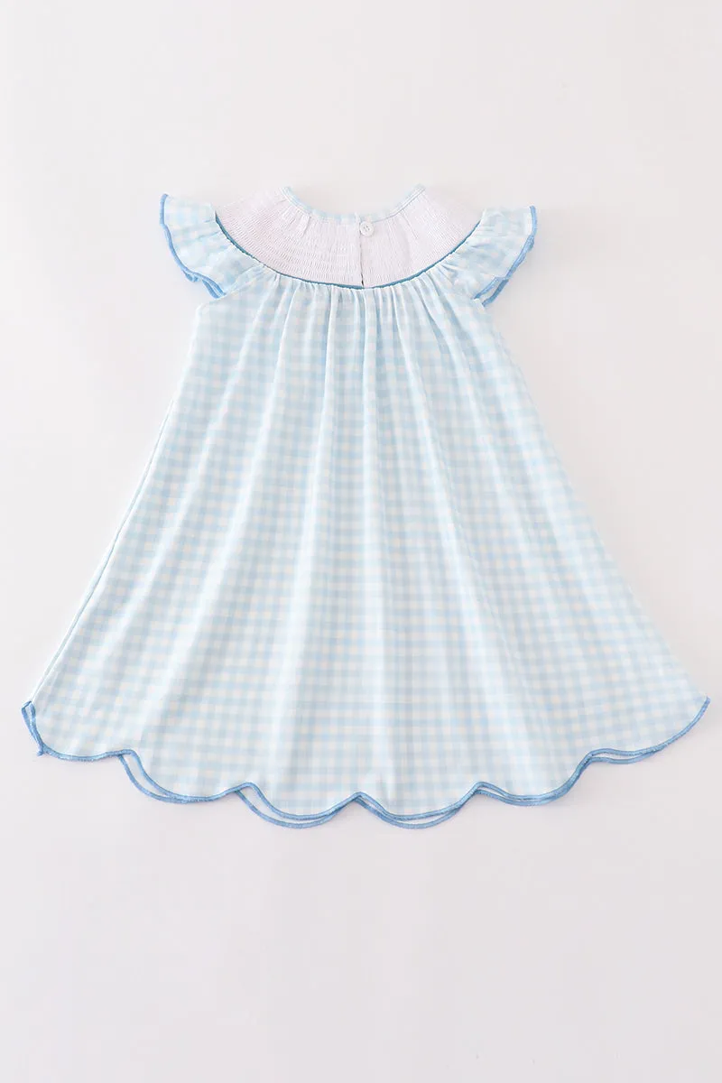 Blue cow embroidery smocked girl dress