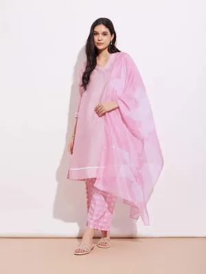 Chanderi Solid Kurta Set - Pink & White