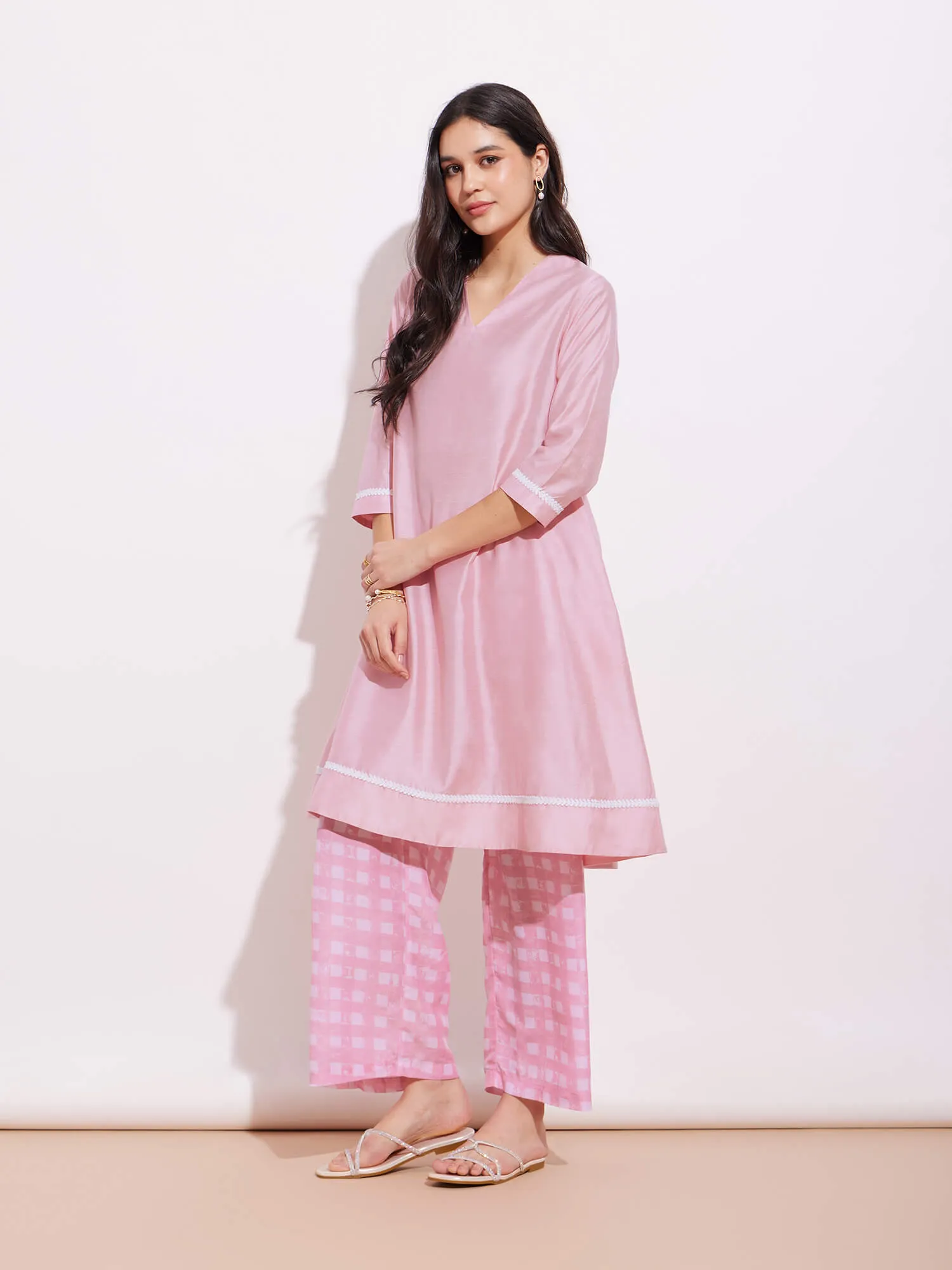 Chanderi Solid Kurta Set - Pink & White