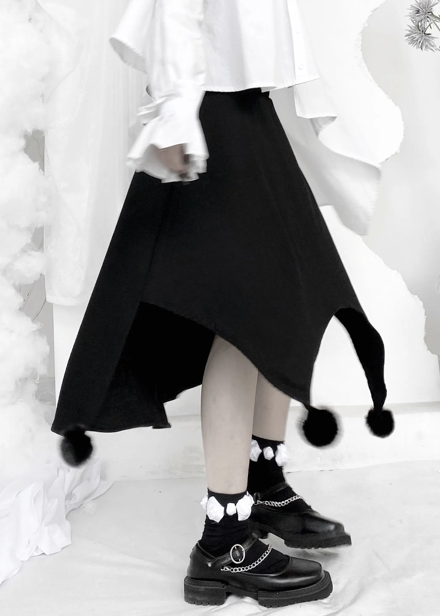Cute Black Fuzzy Ball Decorated Asymmetrical Skirts LY9360
