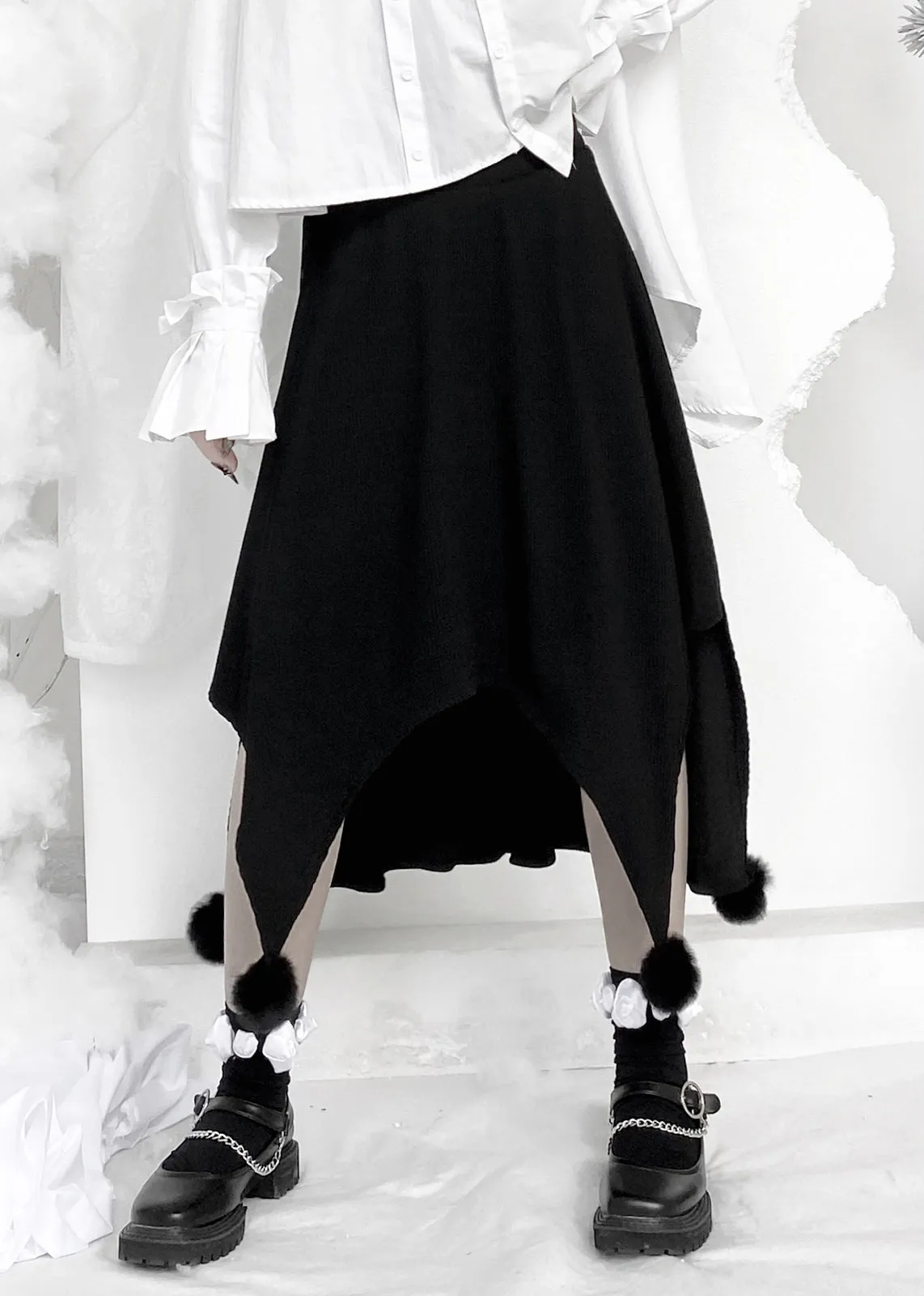 Cute Black Fuzzy Ball Decorated Asymmetrical Skirts LY9360
