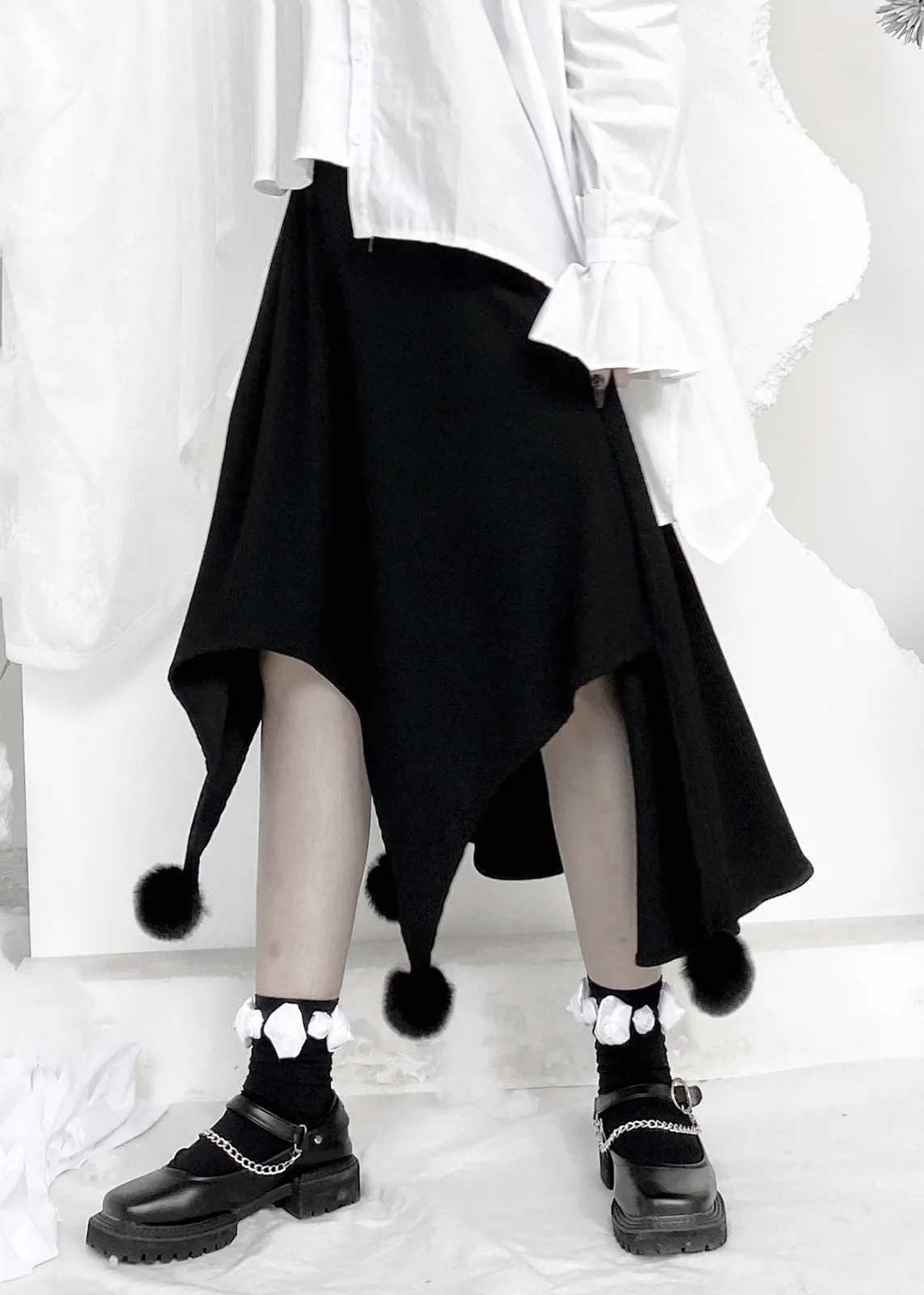 Cute Black Fuzzy Ball Decorated Asymmetrical Skirts LY9360
