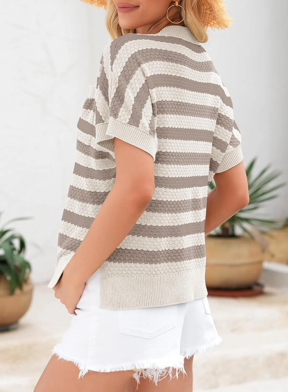 Dokotoo Women's Casual Short Sleeve Loose Tunic Tops Lightweight Striped Summer Sweaters Blouses Shirts