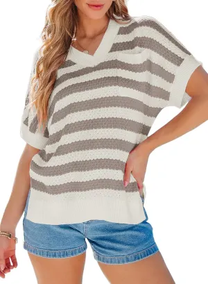 Dokotoo Women's Casual Short Sleeve Loose Tunic Tops Lightweight Striped Summer Sweaters Blouses Shirts