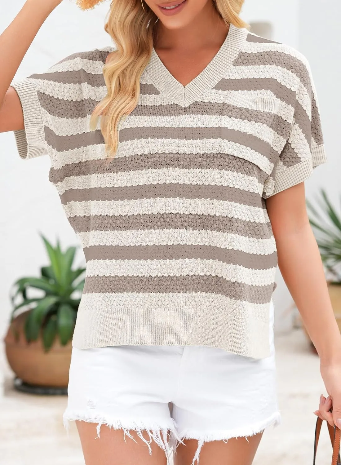 Dokotoo Women's Casual Short Sleeve Loose Tunic Tops Lightweight Striped Summer Sweaters Blouses Shirts