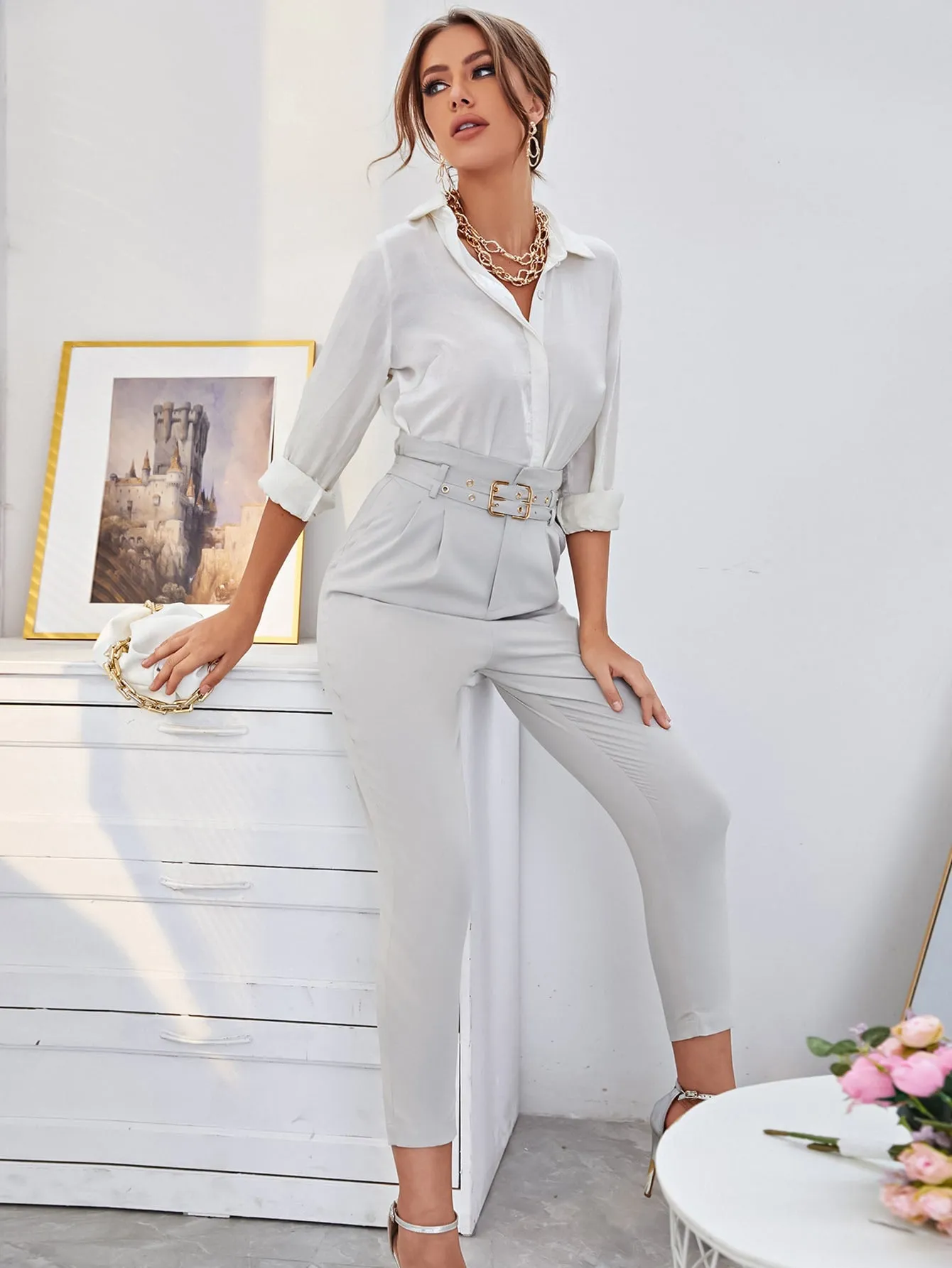 Elegant Plain Grommet Eyelet High Waist Cropped Women Pants
