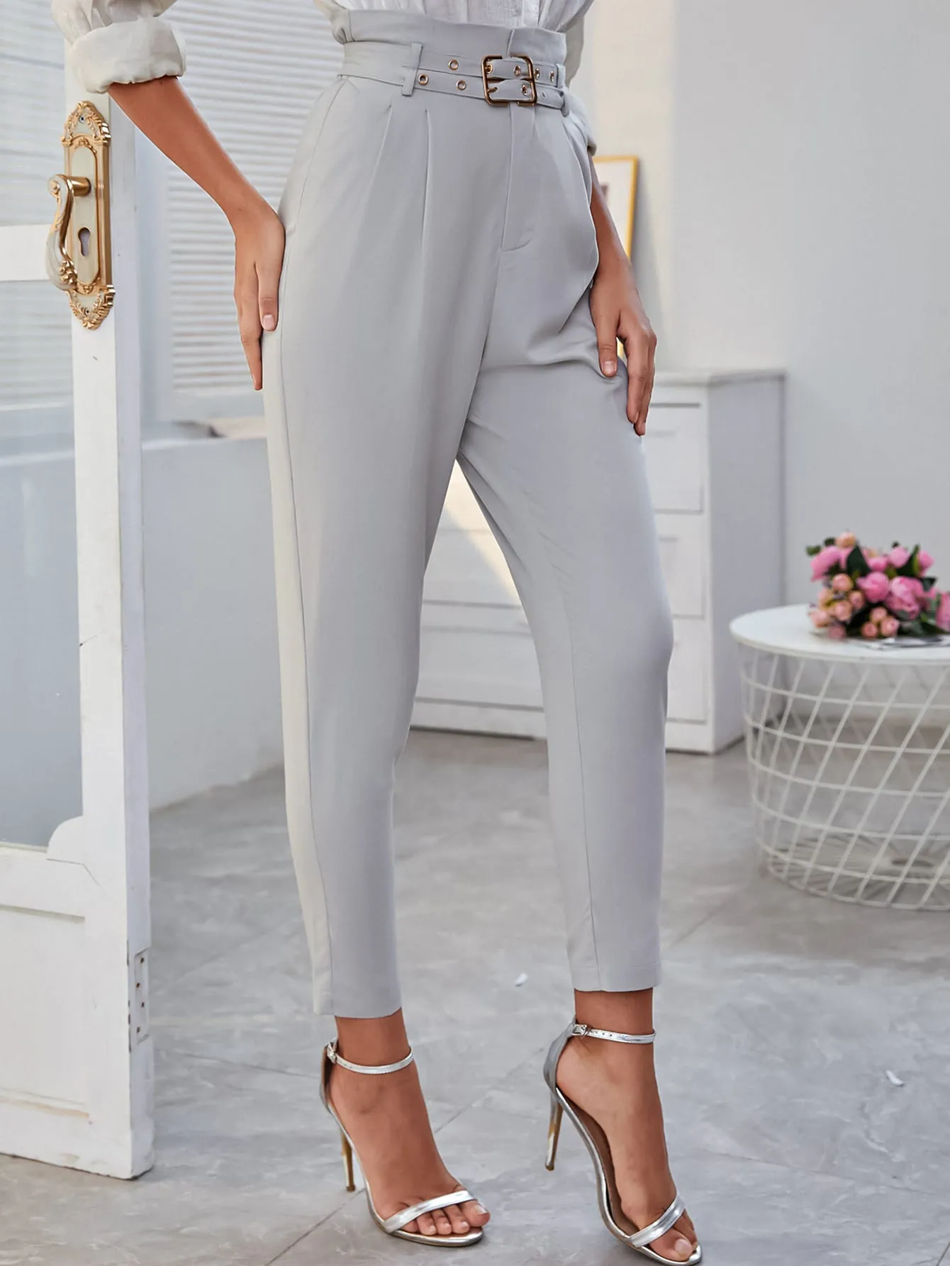 Elegant Plain Grommet Eyelet High Waist Cropped Women Pants