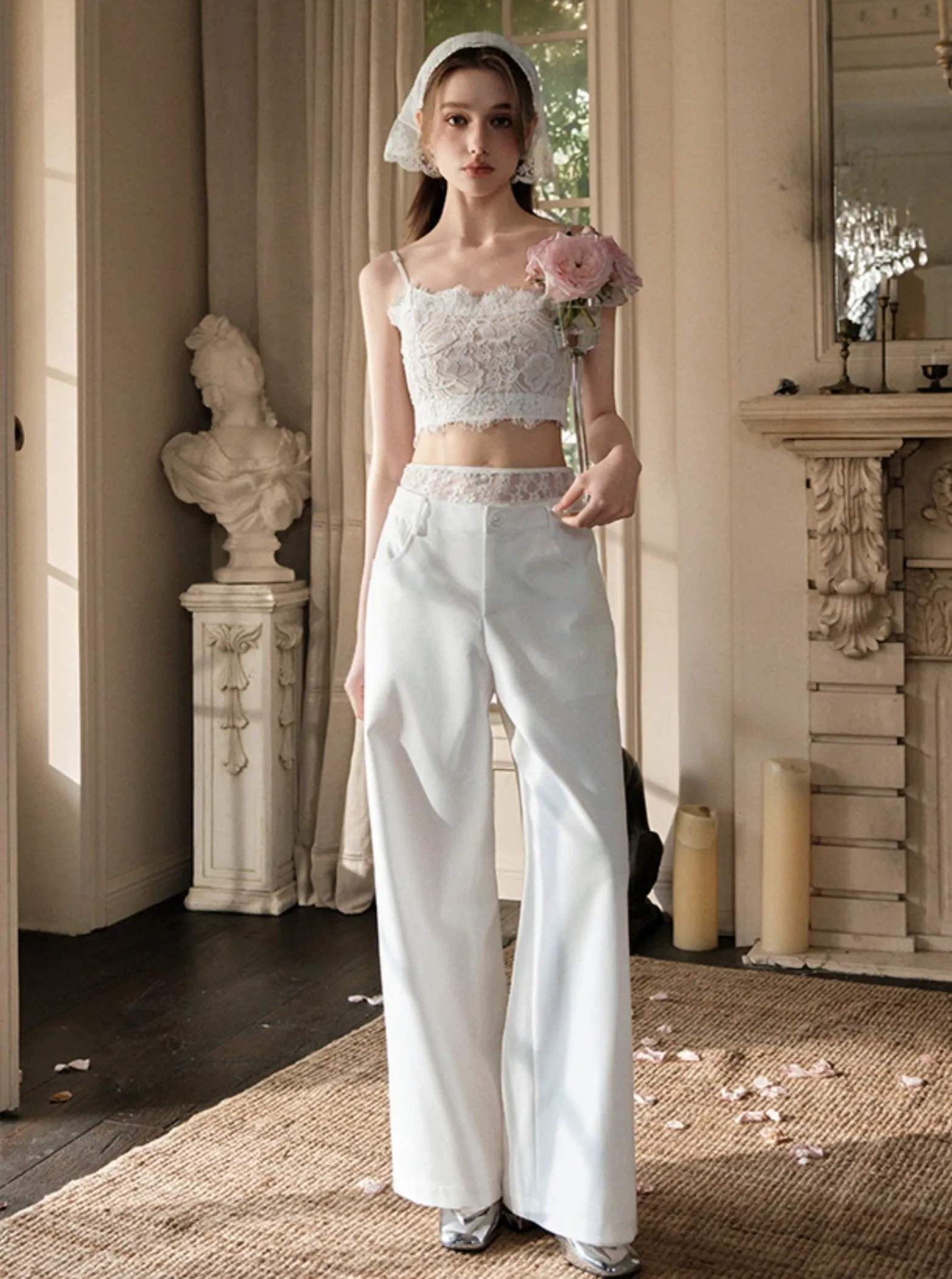 Elegant White Wide-Leg Slacks Pants