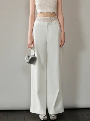Elegant White Wide-Leg Slacks Pants
