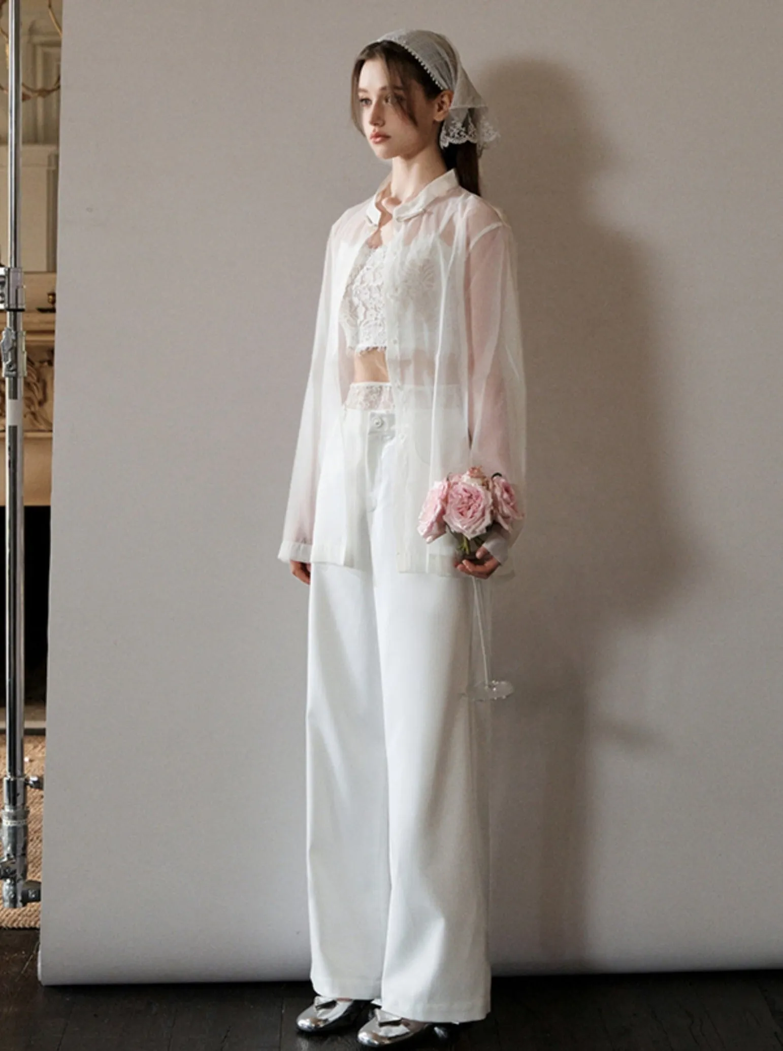 Elegant White Wide-Leg Slacks Pants