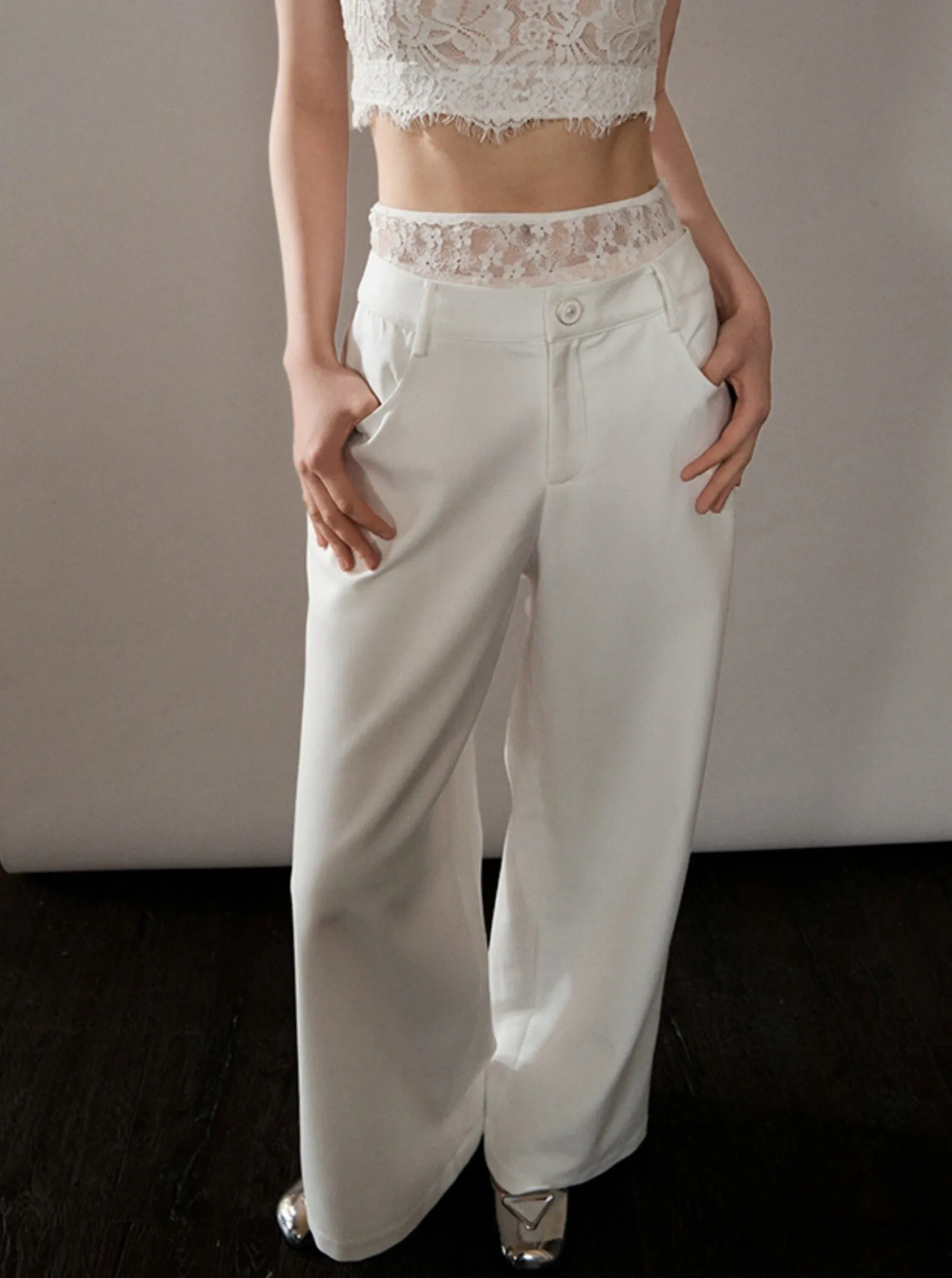 Elegant White Wide-Leg Slacks Pants