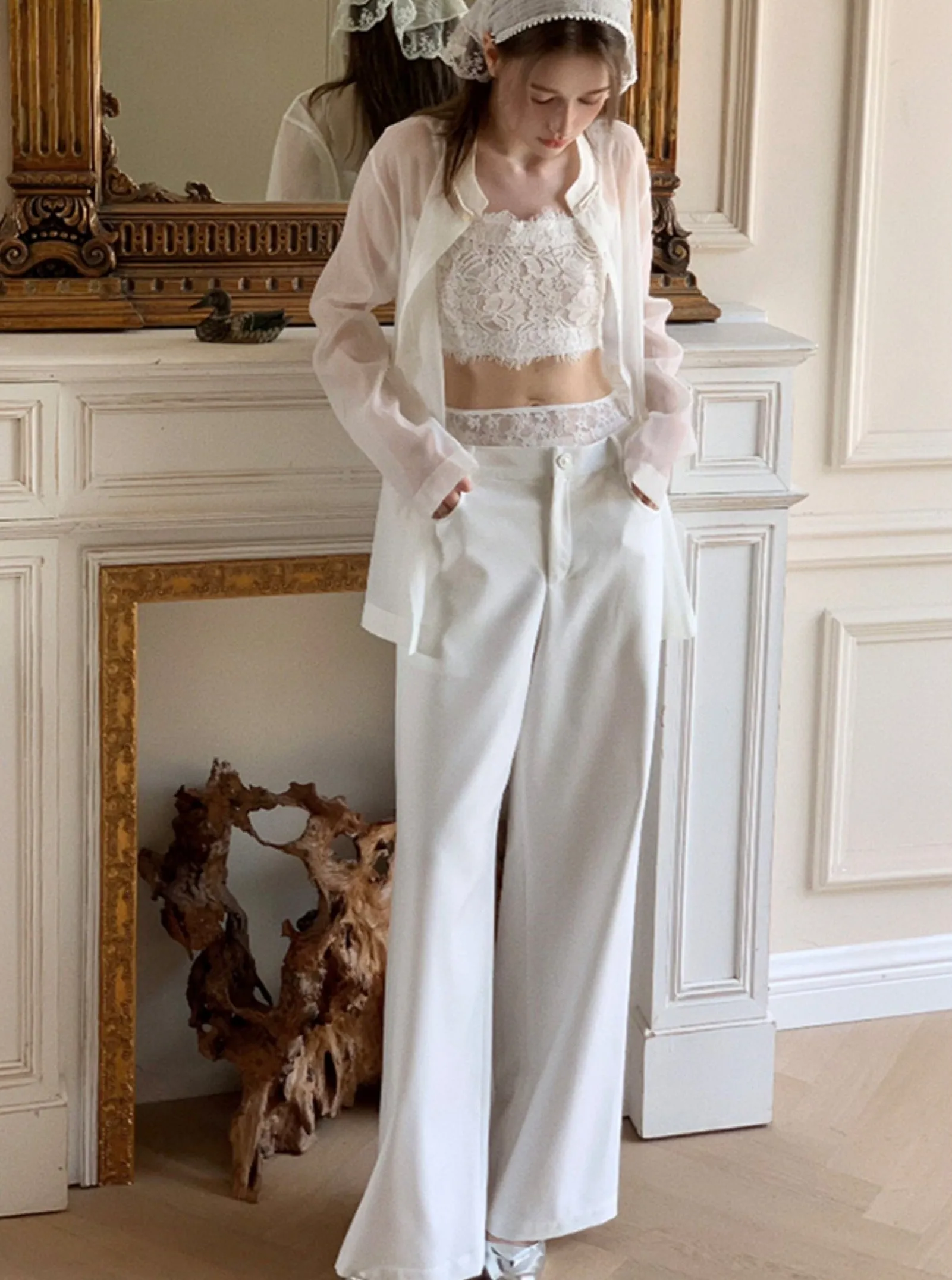 Elegant White Wide-Leg Slacks Pants