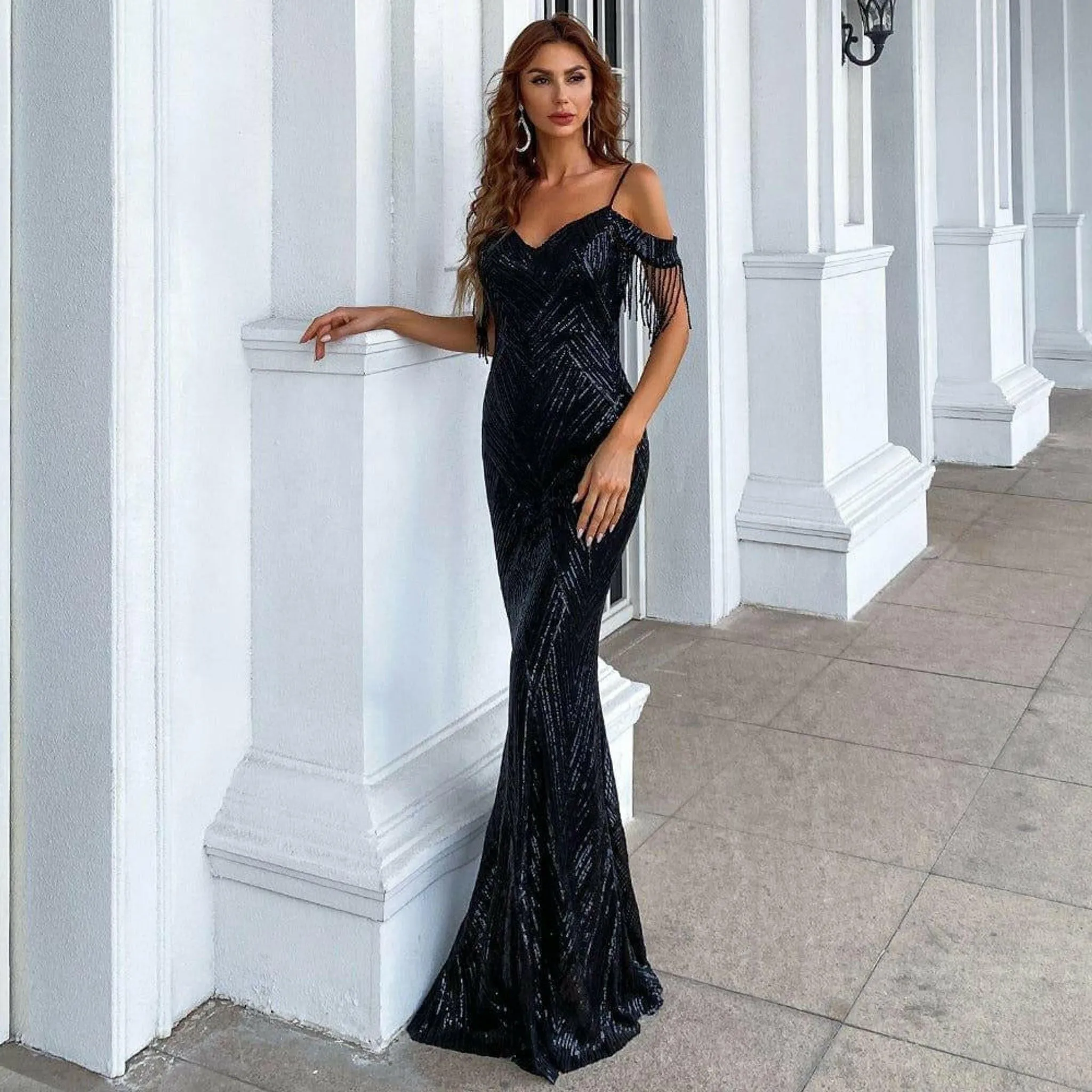 Farah Off Shoulder Fringe Tassel Gown in Black
