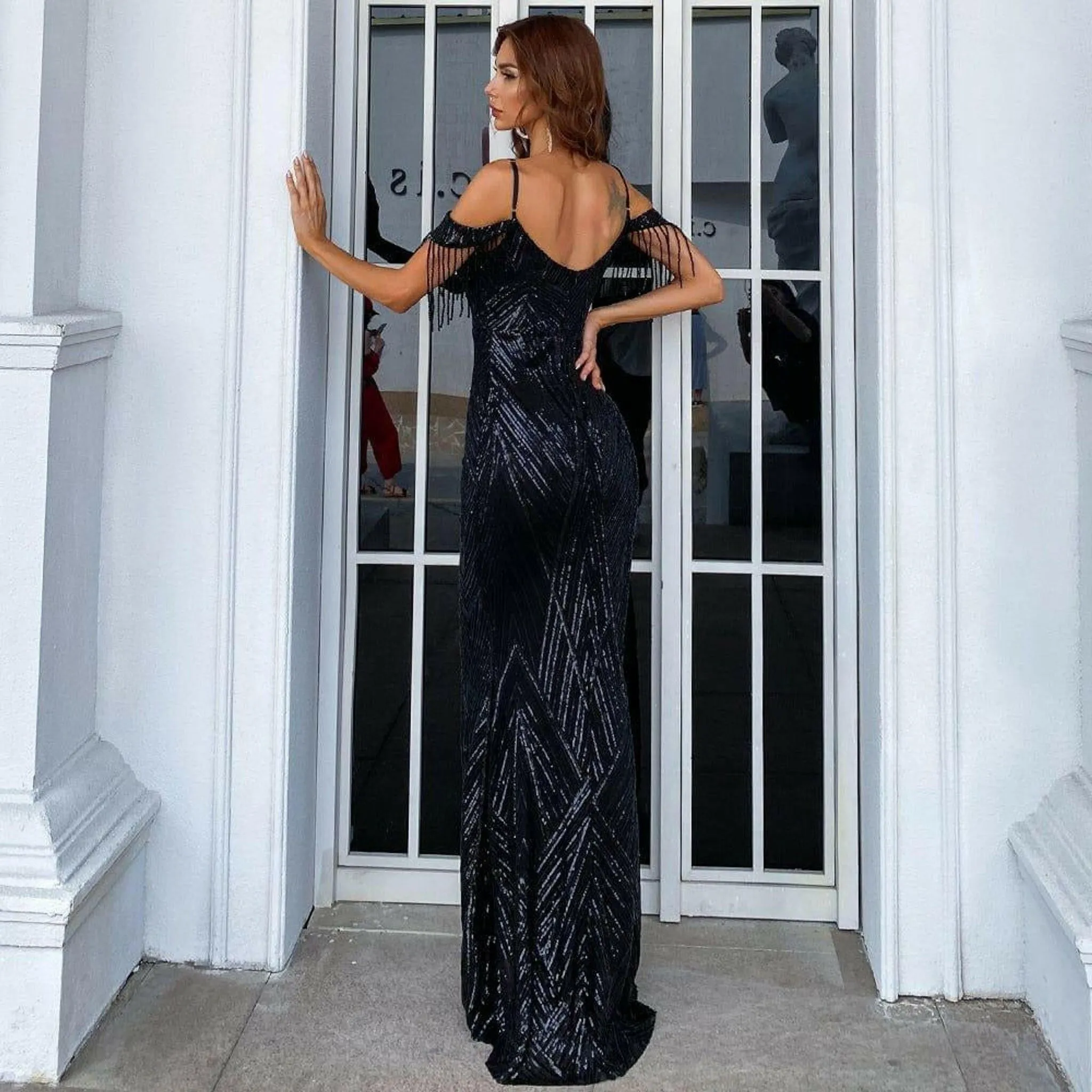 Farah Off Shoulder Fringe Tassel Gown in Black