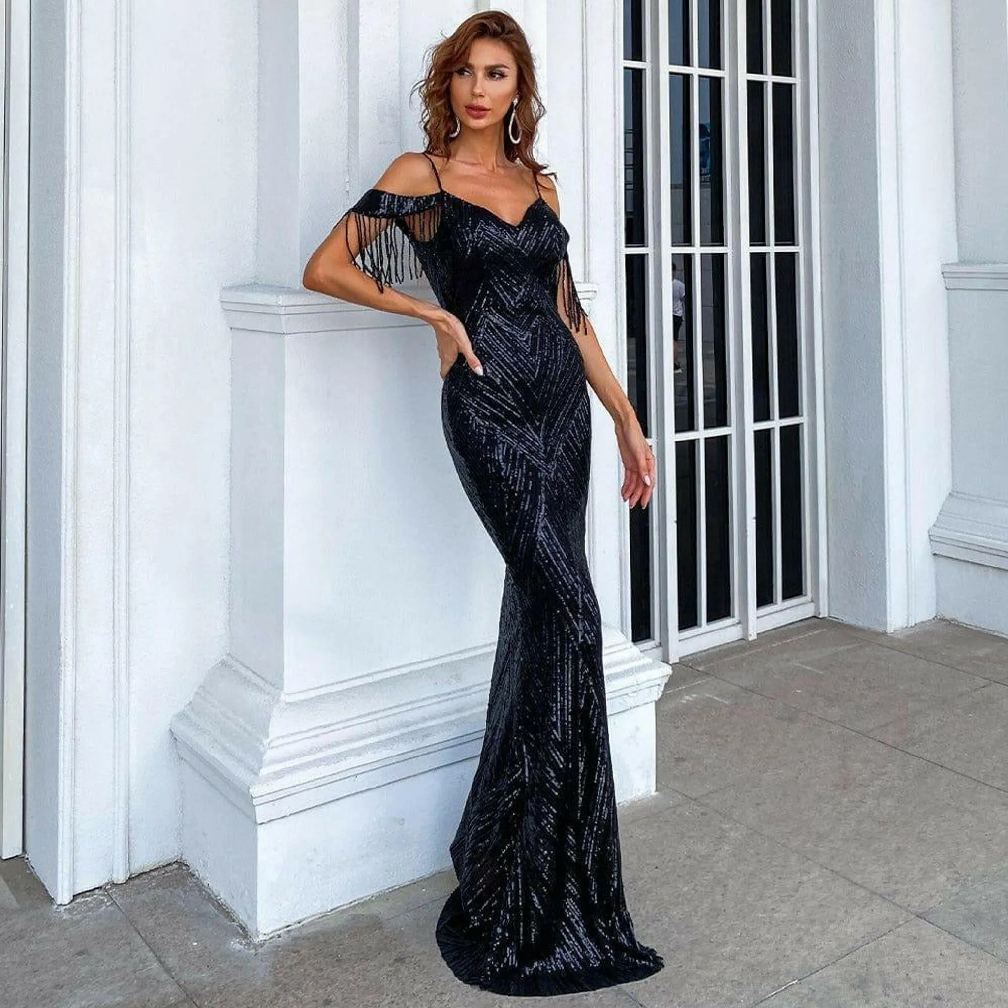 Farah Off Shoulder Fringe Tassel Gown in Black