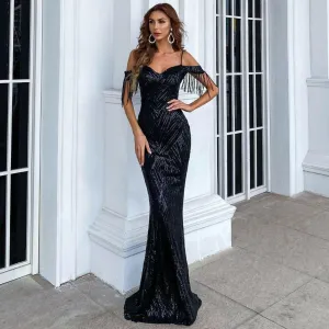 Farah Off Shoulder Fringe Tassel Gown in Black
