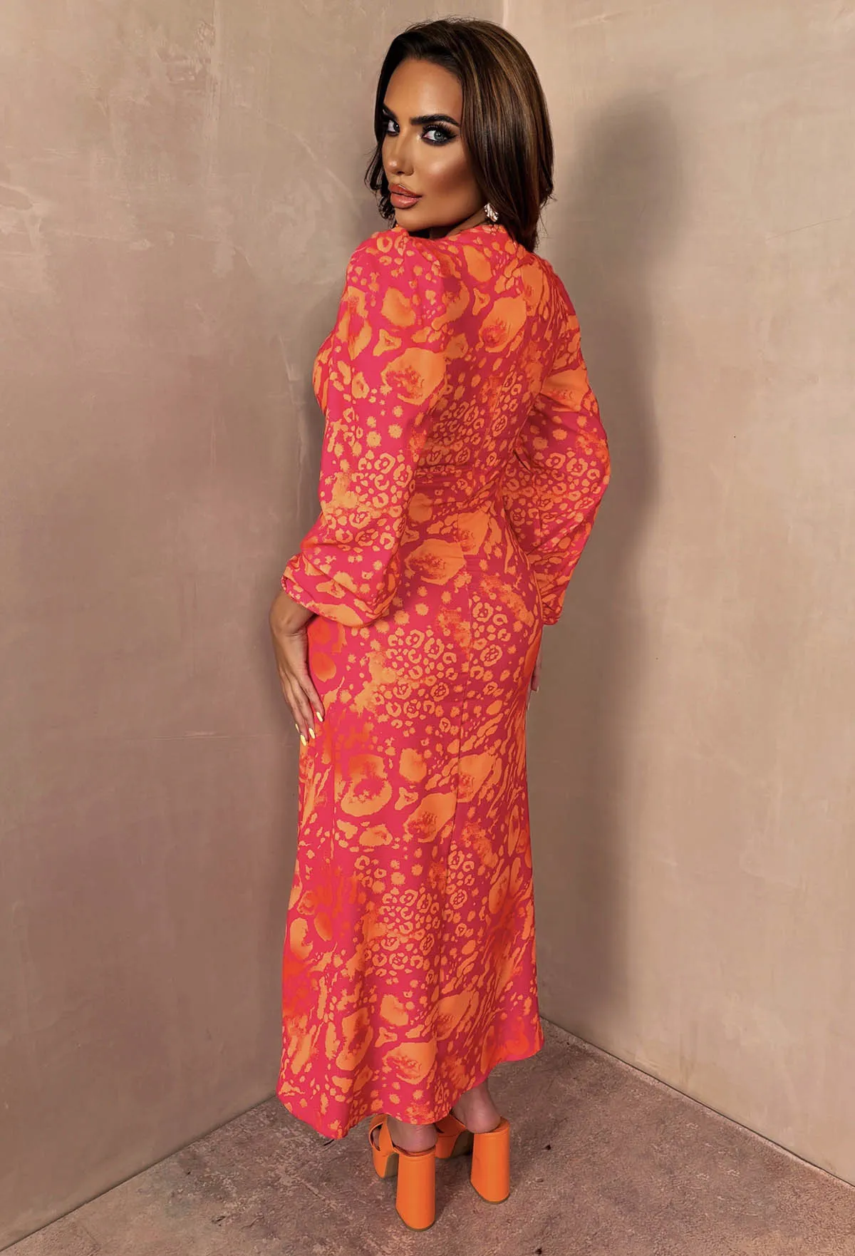 Fierce Glamour Coral Printed Knot Front Long Sleeve Midi Dress
