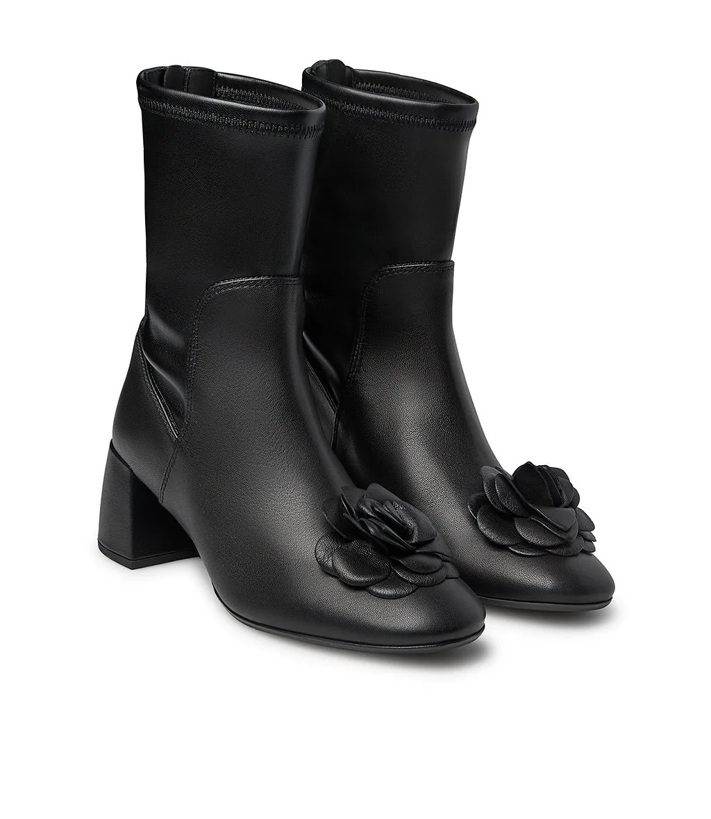 Flower decorated black nappa leather ankle boots