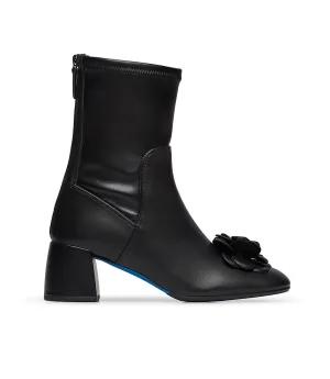 Flower decorated black nappa leather ankle boots