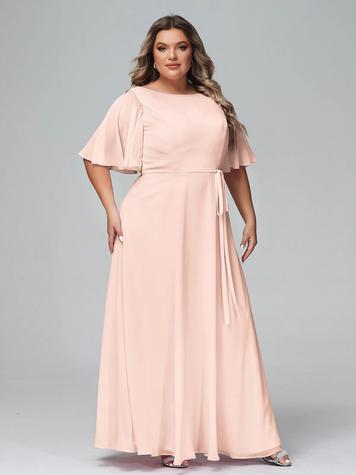 Flutter Sleeves Chiffon Max Dresses with Sash Bow-Pearl Pink Plus Size