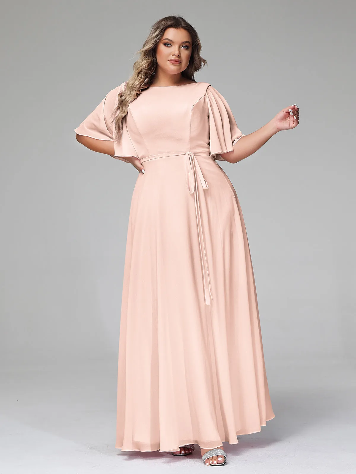 Flutter Sleeves Chiffon Max Dresses with Sash Bow-Pearl Pink Plus Size