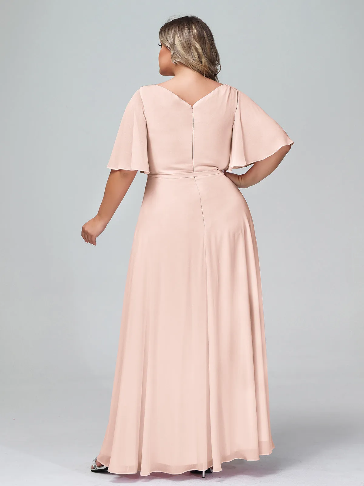Flutter Sleeves Chiffon Max Dresses with Sash Bow-Pearl Pink Plus Size