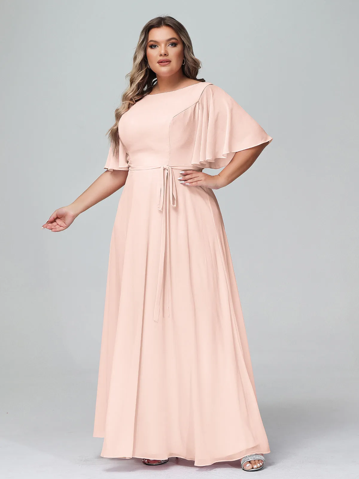 Flutter Sleeves Chiffon Max Dresses with Sash Bow-Pearl Pink Plus Size