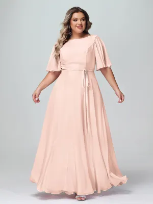 Flutter Sleeves Chiffon Max Dresses with Sash Bow-Pearl Pink Plus Size