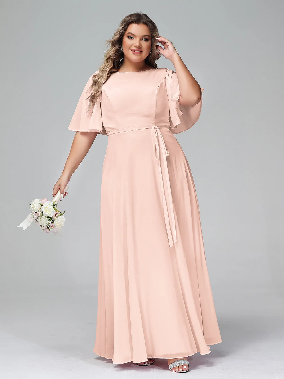 Flutter Sleeves Chiffon Max Dresses with Sash Bow-Pearl Pink Plus Size