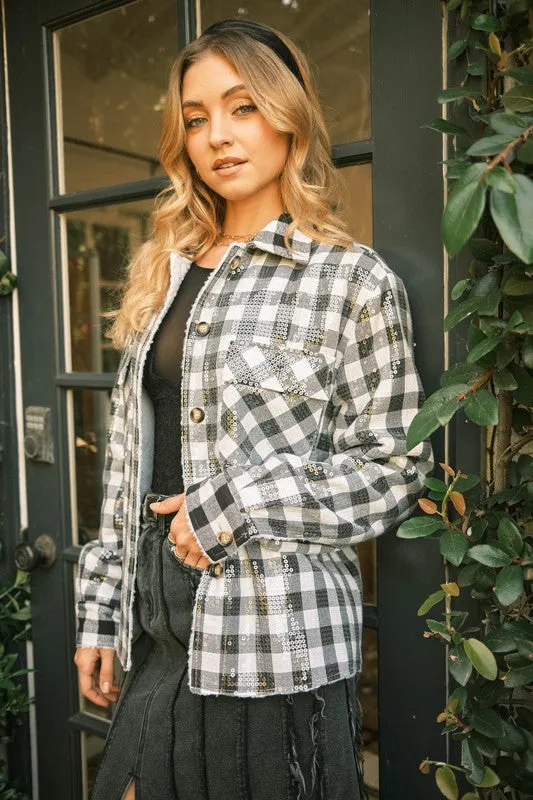 Gingham Sequin Pocket Sherpa Lined Jacket