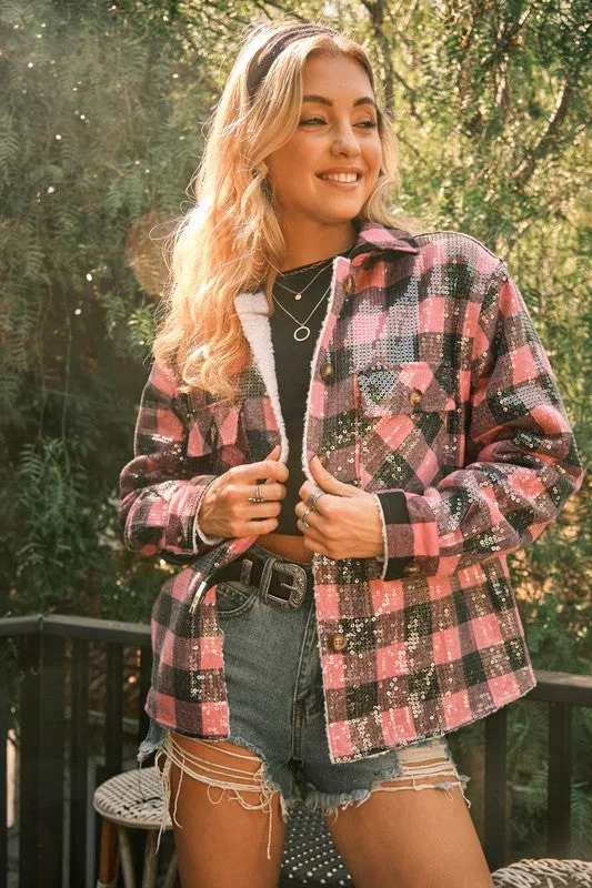 Gingham Sequin Pocket Sherpa Lined Jacket
