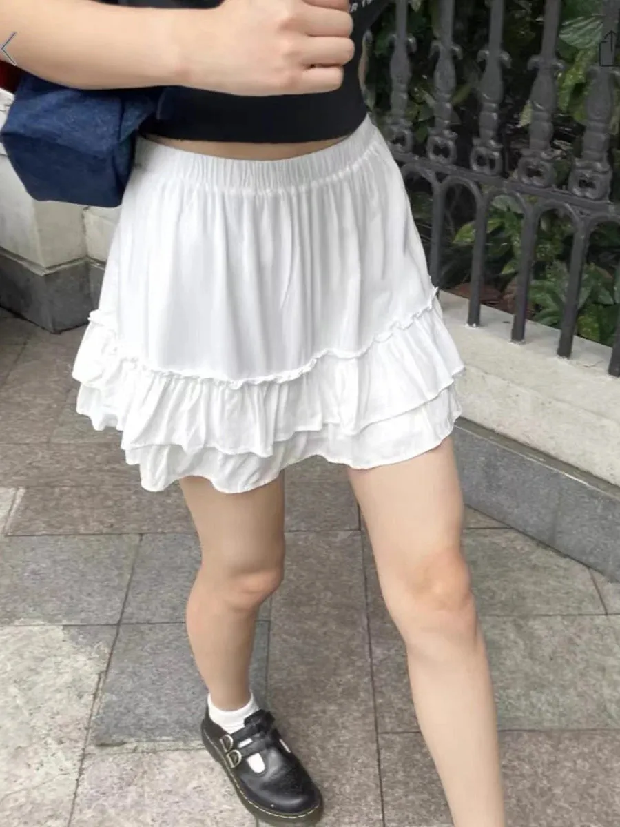 Girlary Solid Color Fold Mini Skirt Summer Drawstring A-line High Waist Fold Short Faldas Sweet Cute Y2k Skirts Woman Clothes