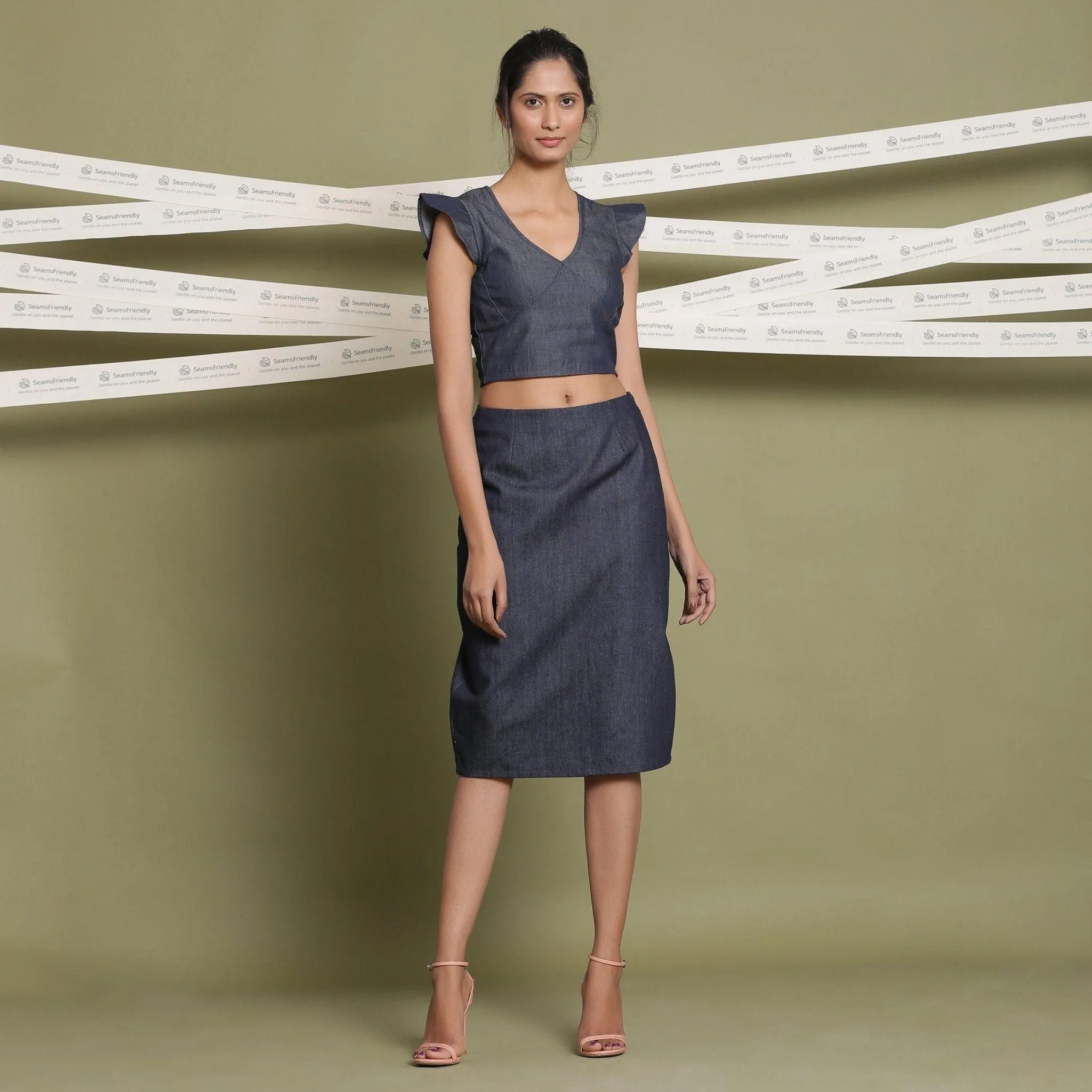 Indigo Cotton Denim Flared Sleeve Blouson Crop Top