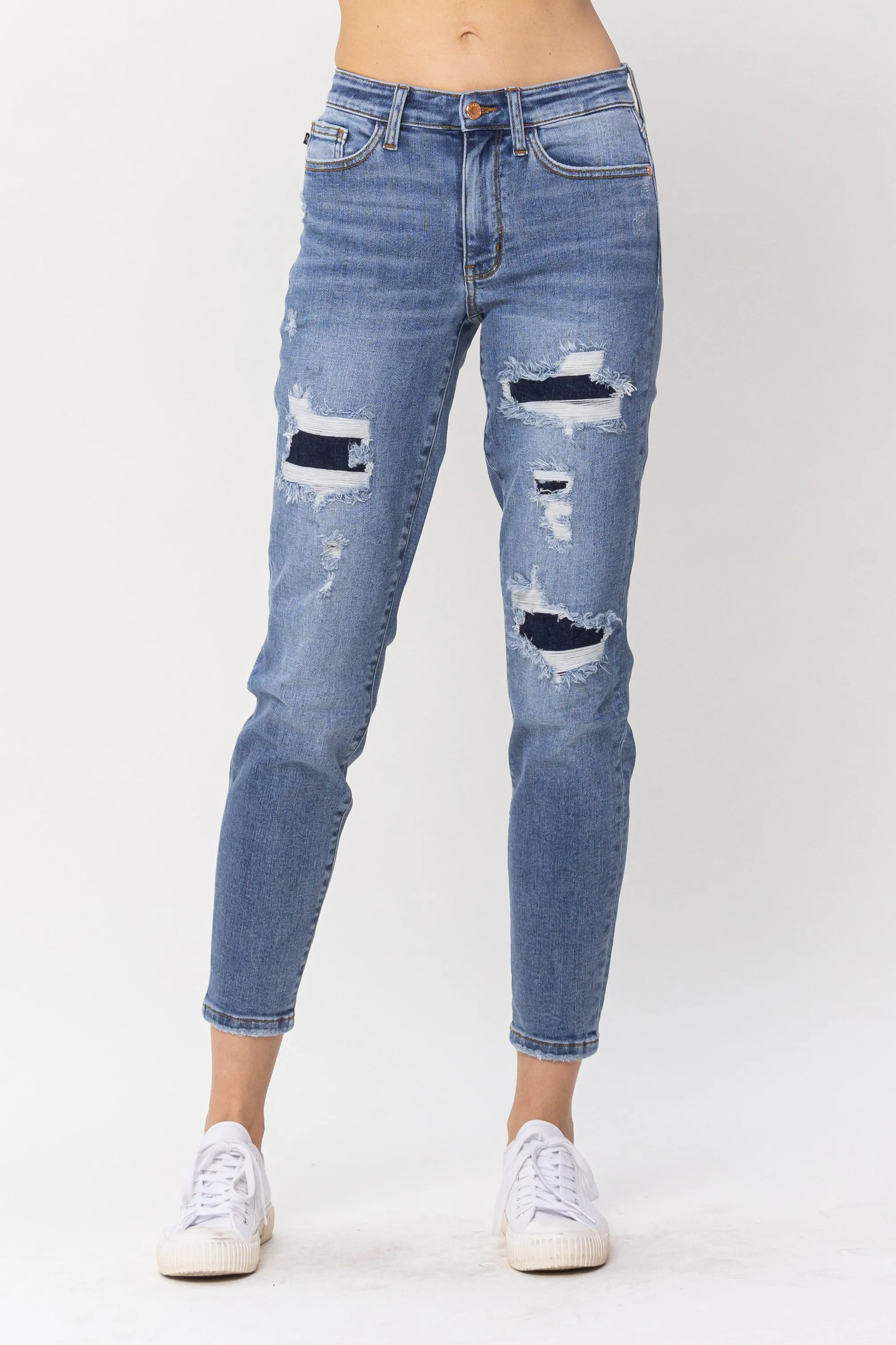 Judy Blue Mid Rise Navy Blue Patched Destroy Relaxed Jeans
