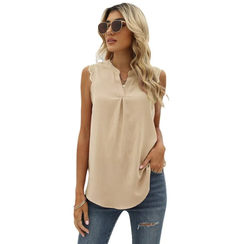 Lace Cap Sleeves V Neck Blouse