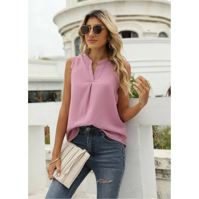Lace Cap Sleeves V Neck Blouse