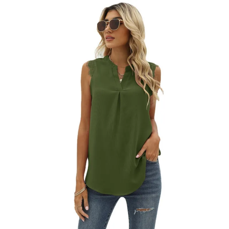 Lace Cap Sleeves V Neck Blouse