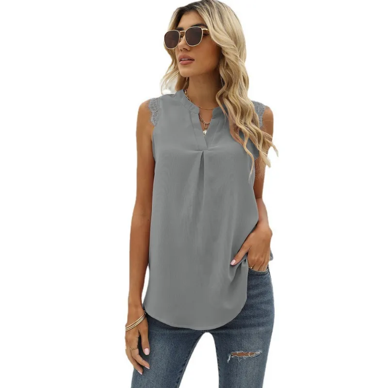 Lace Cap Sleeves V Neck Blouse