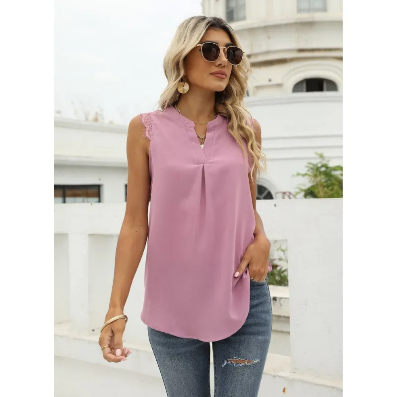 Lace Cap Sleeves V Neck Blouse