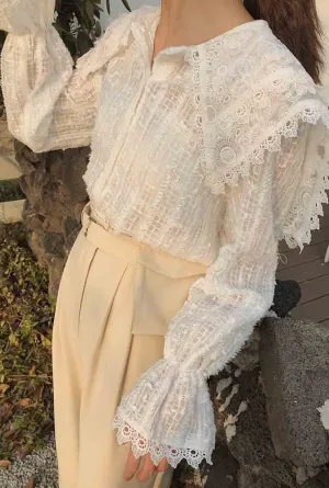 Lantern Sleeve See-Through Lace Blouse