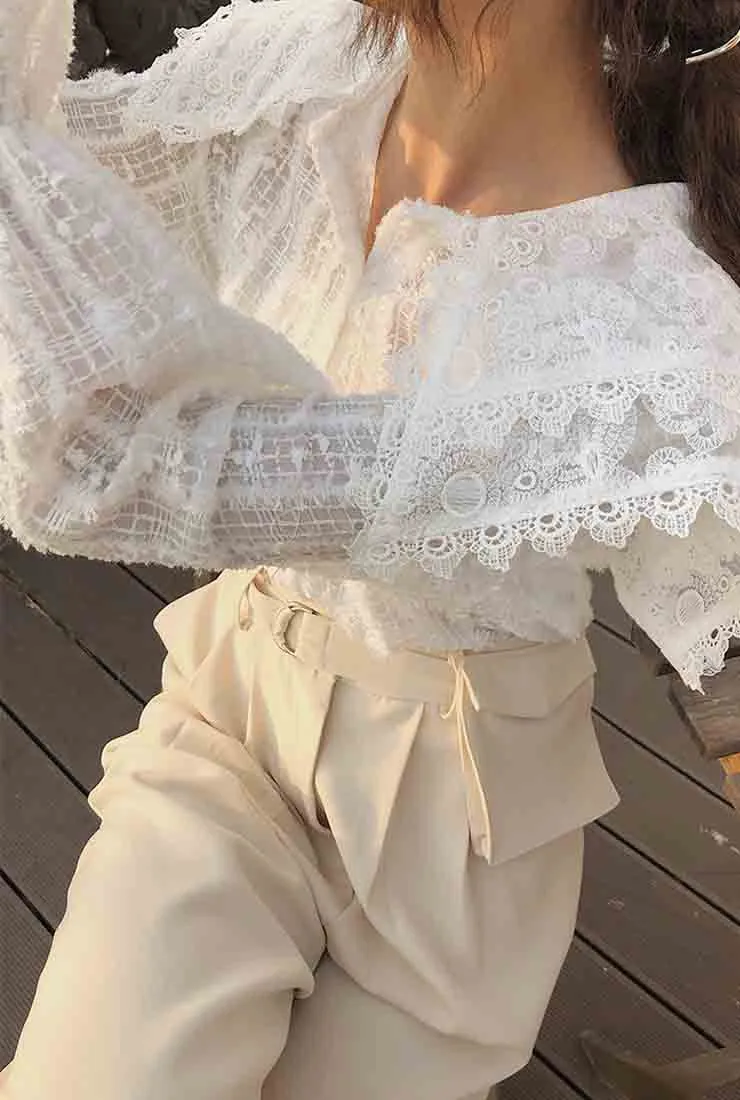 Lantern Sleeve See-Through Lace Blouse