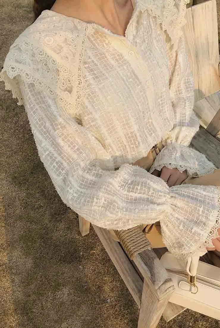 Lantern Sleeve See-Through Lace Blouse