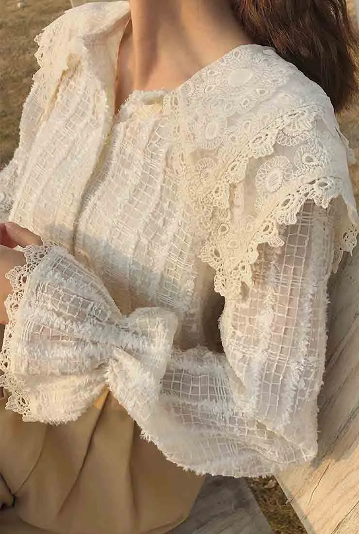 Lantern Sleeve See-Through Lace Blouse