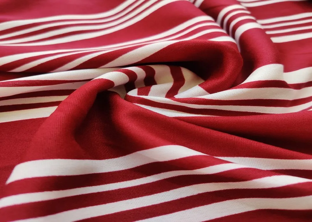 Maroon White Stripes Printed Poly Crepe Fabric