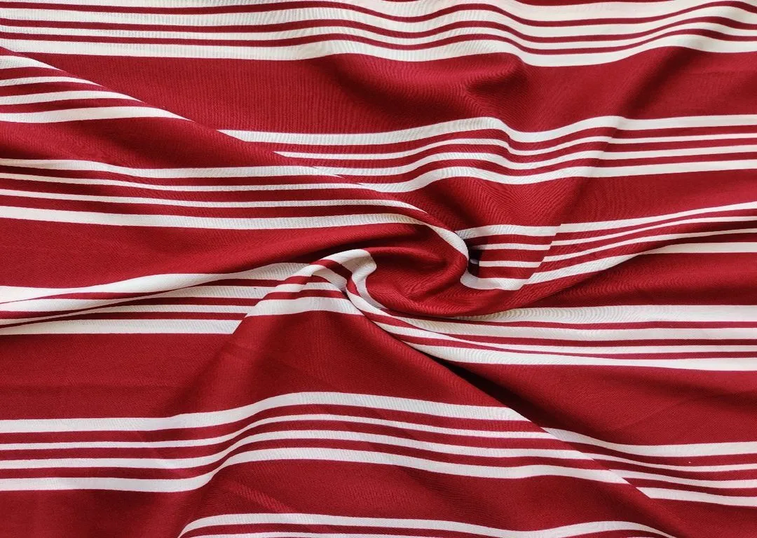 Maroon White Stripes Printed Poly Crepe Fabric